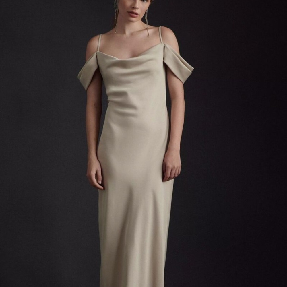 Anthropologie x BHLDN Ira Satin Charmeuse Draped Maxi Dress Champagne Sz 16